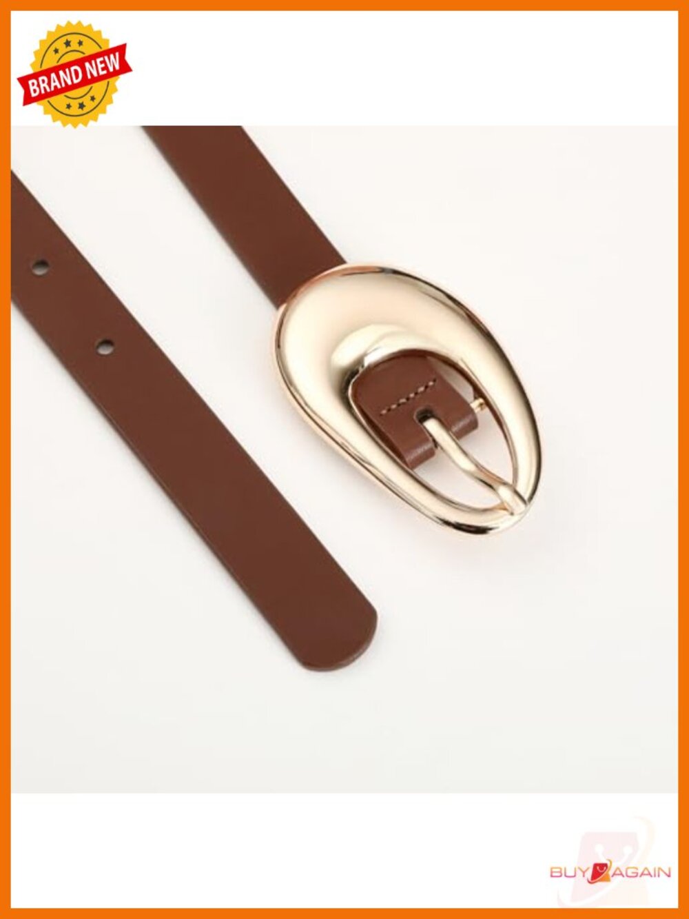 Genuine Leather Belt with Oval Gold Metal Buckle - Picture 2 of 6